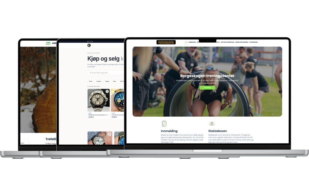 Utvalg av nettsider utviklet av Moss webdesign vist på bærbare datamaskiner